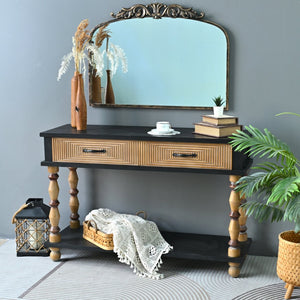 English Elm Easy Assembly Rustic Solid Wood Console Table Carved Drawers Open Shelf Entryway W3933P484813