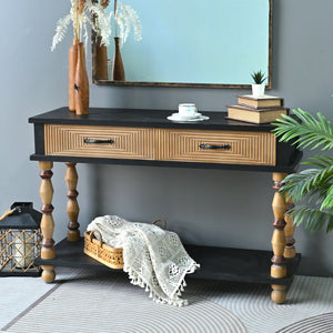 English Elm Easy Assembly Rustic Solid Wood Console Table Carved Drawers Open Shelf Entryway W3933P484813
