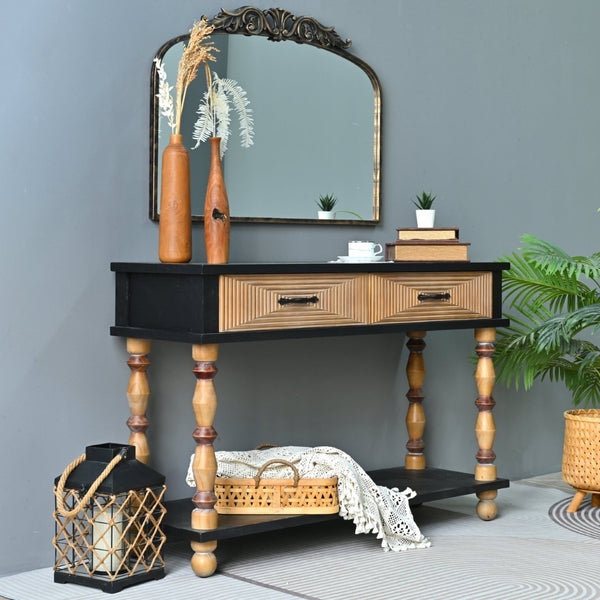 English Elm Easy Assembly Rustic Solid Wood Console Table Carved Drawers Open Shelf Entryway W3933P484813