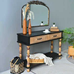 English Elm Easy Assembly Rustic Solid Wood Console Table Carved Drawers Open Shelf Entryway W3933P484813