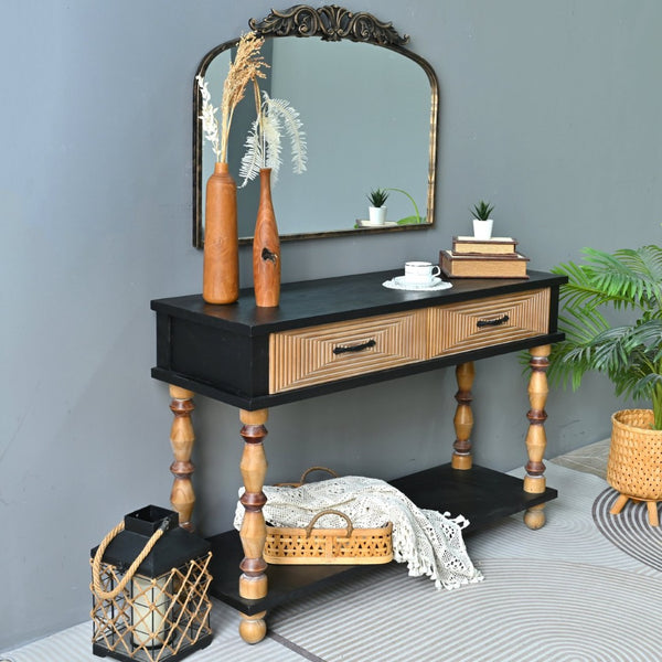 English Elm Easy Assembly Rustic Solid Wood Console Table Carved Drawers Open Shelf Entryway W3933P484813