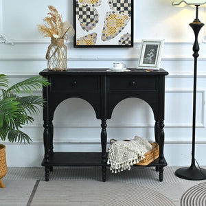English Elm Easy Assembly Solid Wood Console Table Distressed Black Arched Apron Turned Legs 2 Drawers W3933P484836