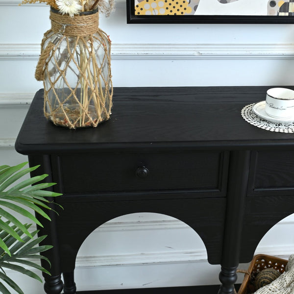 English Elm Easy Assembly Solid Wood Console Table Distressed Black Arched Apron Turned Legs 2 Drawers W3933P484836