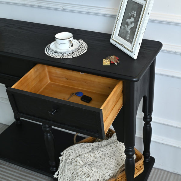 English Elm Easy Assembly Solid Wood Console Table Distressed Black Arched Apron Turned Legs 2 Drawers W3933P484836