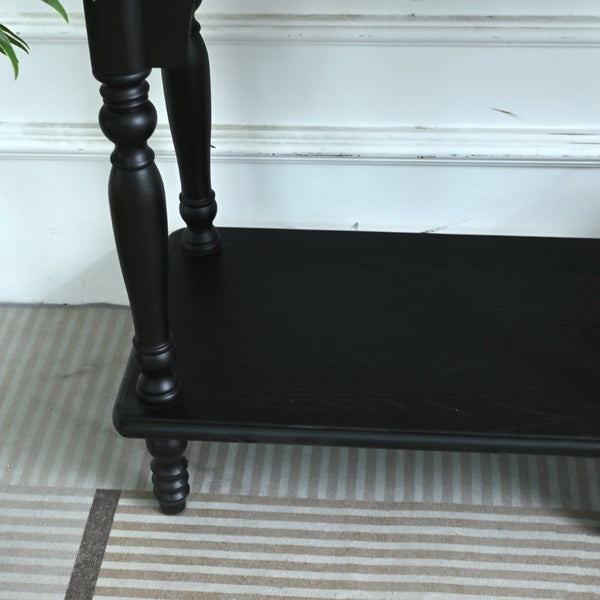 English Elm Easy Assembly Solid Wood Console Table Distressed Black Arched Apron Turned Legs 2 Drawers W3933P484836
