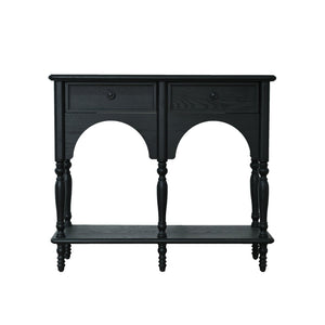 English Elm Easy Assembly Solid Wood Console Table Distressed Black Arched Apron Turned Legs 2 Drawers W3933P484836