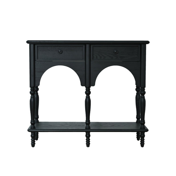 English Elm Easy Assembly Solid Wood Console Table Distressed Black Arched Apron Turned Legs 2 Drawers W3933P484836