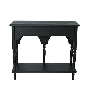 English Elm Easy Assembly Solid Wood Console Table Distressed Black Arched Apron Turned Legs 2 Drawers W3933P484836