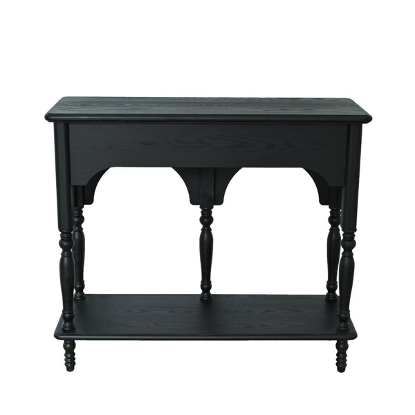 English Elm Easy Assembly Solid Wood Console Table Distressed Black Arched Apron Turned Legs 2 Drawers W3933P484836