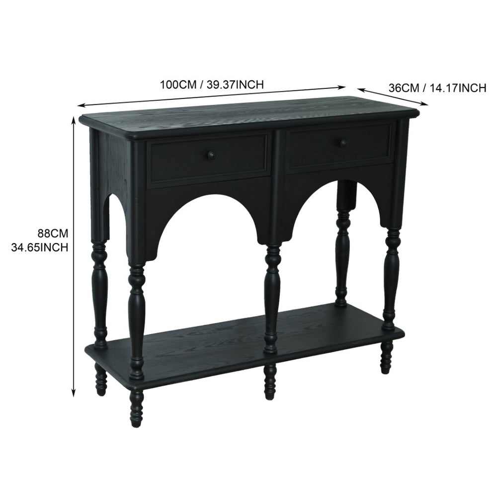 English Elm Easy Assembly Solid Wood Console Table Distressed Black Arched Apron Turned Legs 2 Drawers W3933P484836