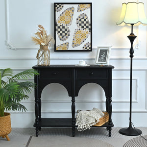 English Elm Easy Assembly Solid Wood Console Table Distressed Black Arched Apron Turned Legs 2 Drawers W3933P484836