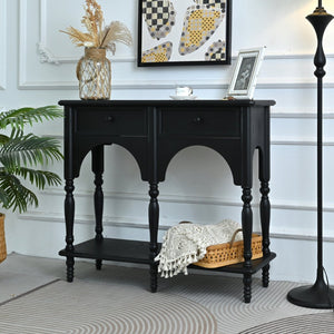 English Elm Easy Assembly Solid Wood Console Table Distressed Black Arched Apron Turned Legs 2 Drawers W3933P484836