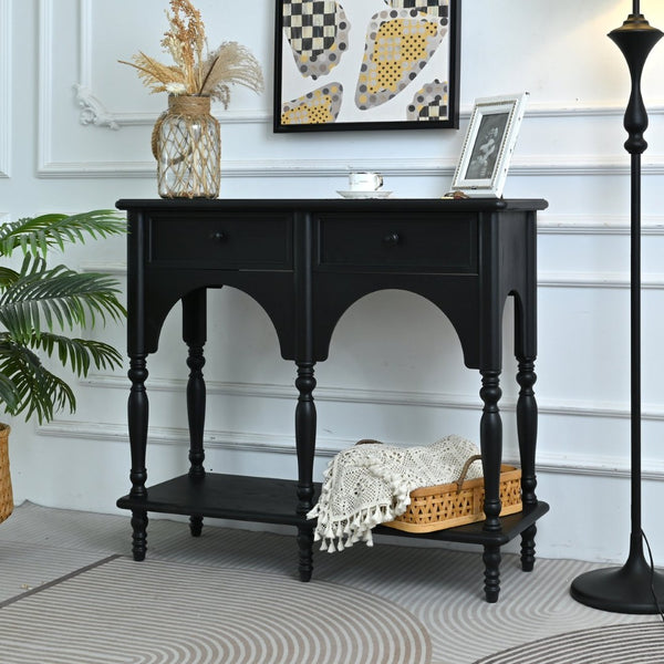 English Elm Easy Assembly Solid Wood Console Table Distressed Black Arched Apron Turned Legs 2 Drawers W3933P484836