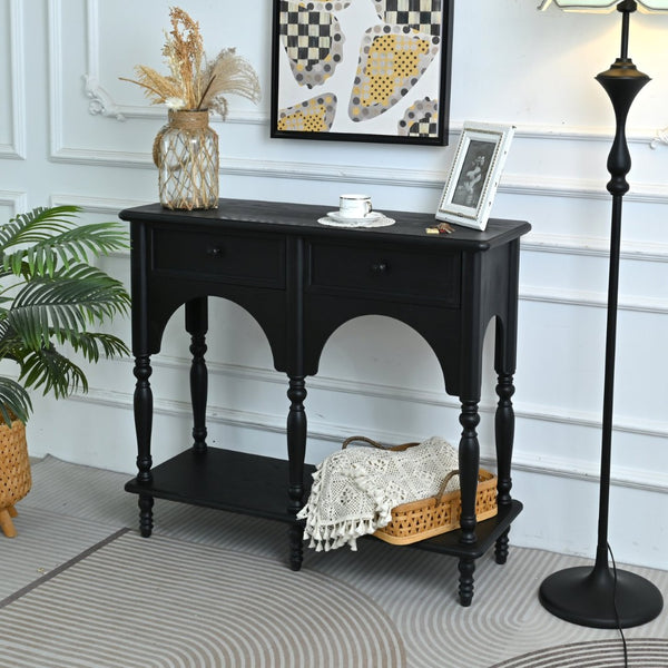 English Elm Easy Assembly Solid Wood Console Table Distressed Black Arched Apron Turned Legs 2 Drawers W3933P484836