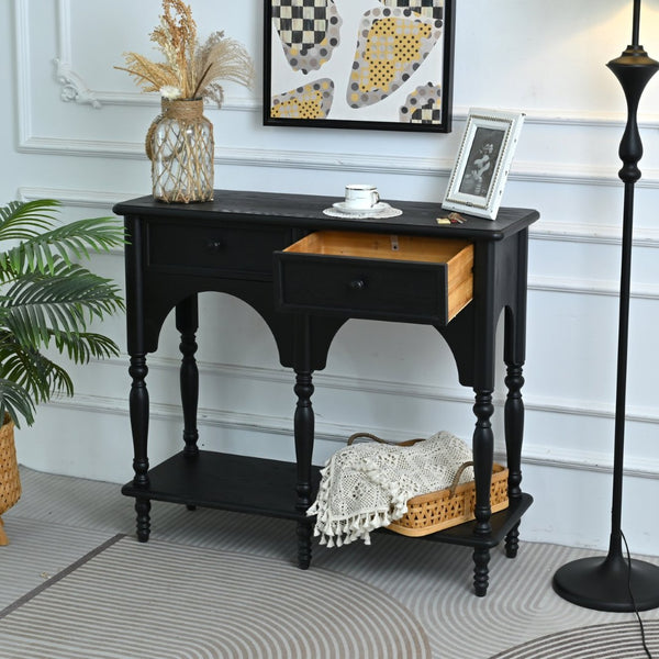 English Elm Easy Assembly Solid Wood Console Table Distressed Black Arched Apron Turned Legs 2 Drawers W3933P484836