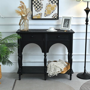 English Elm Easy Assembly Solid Wood Console Table Distressed Black Arched Apron Turned Legs 2 Drawers W3933P484836