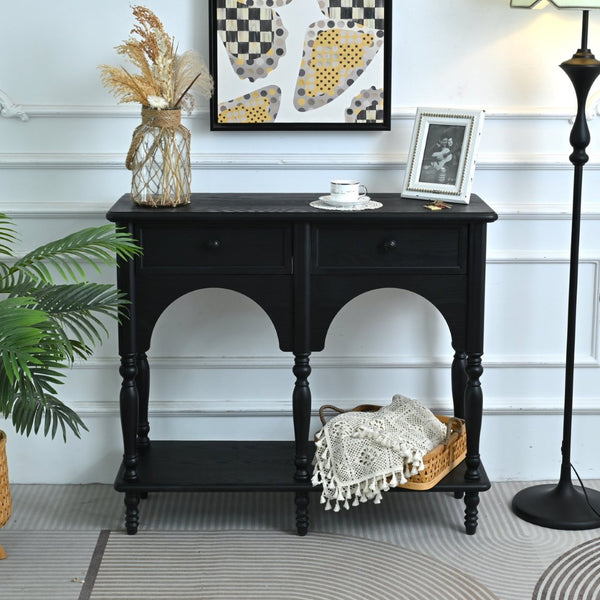 English Elm Easy Assembly Solid Wood Console Table Distressed Black Arched Apron Turned Legs 2 Drawers W3933P484836