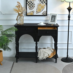 English Elm Easy Assembly Solid Wood Console Table Distressed Black Arched Apron Turned Legs 2 Drawers W3933P484836