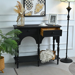 English Elm Easy Assembly Solid Wood Console Table Distressed Black Arched Apron Turned Legs 2 Drawers W3933P484836