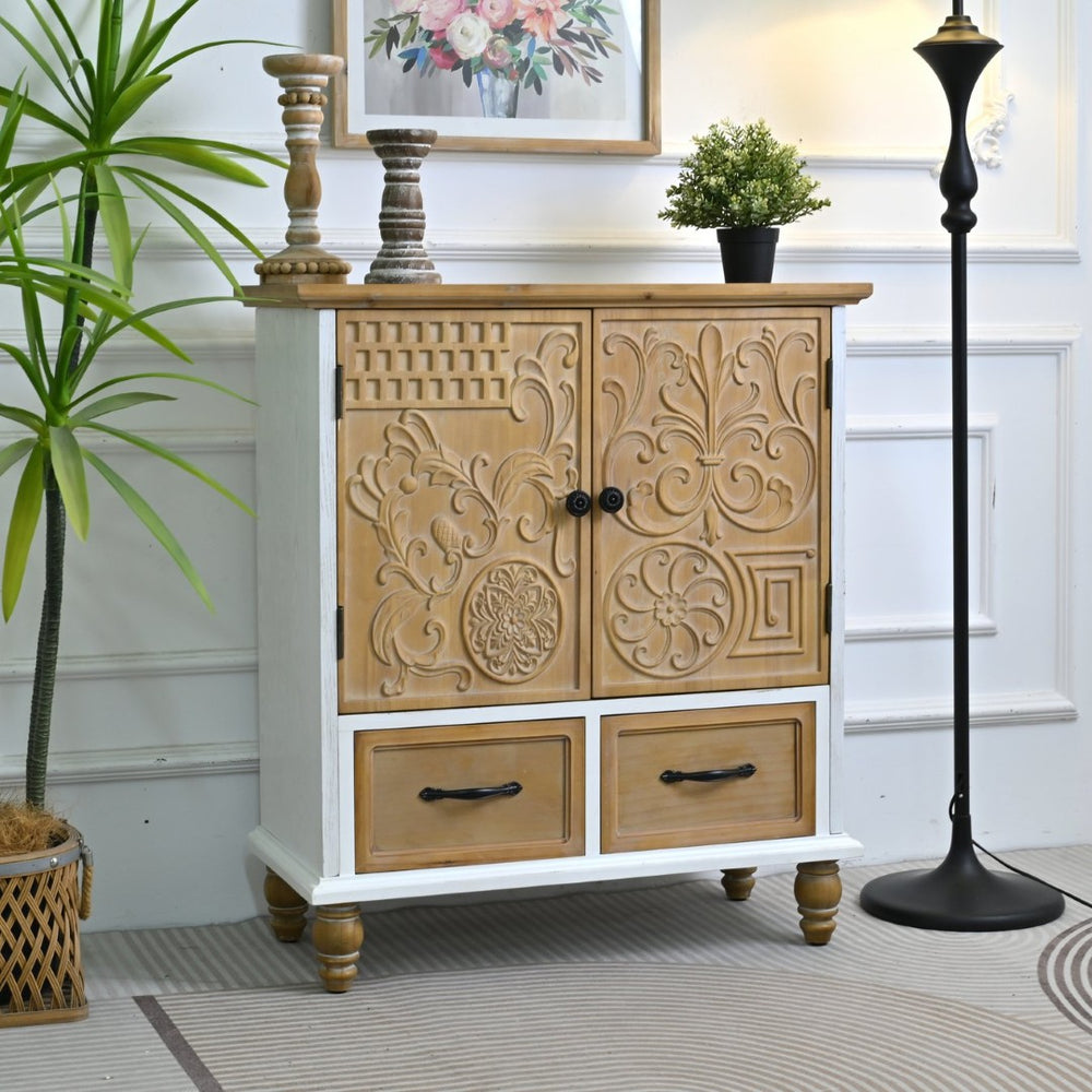 English Elm 31.5" Rustic Farmhouse Solid Wood Sideboard Hand Carved Floral Relief Distressed Finish W3933P484899