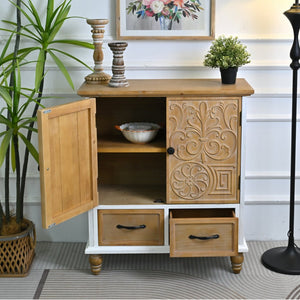 English Elm 31.5" Rustic Farmhouse Solid Wood Sideboard Hand Carved Floral Relief Distressed Finish W3933P484899