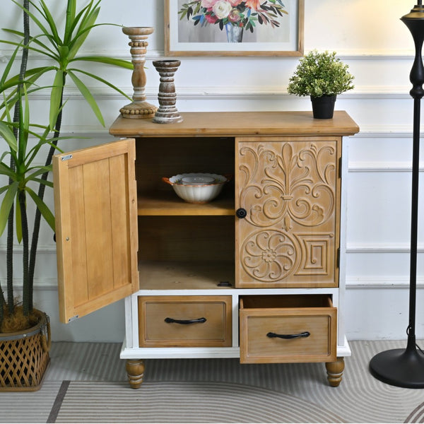 English Elm 31.5" Rustic Farmhouse Solid Wood Sideboard Hand Carved Floral Relief Distressed Finish W3933P484899