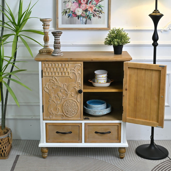 English Elm 31.5" Rustic Farmhouse Solid Wood Sideboard Hand Carved Floral Relief Distressed Finish W3933P484899