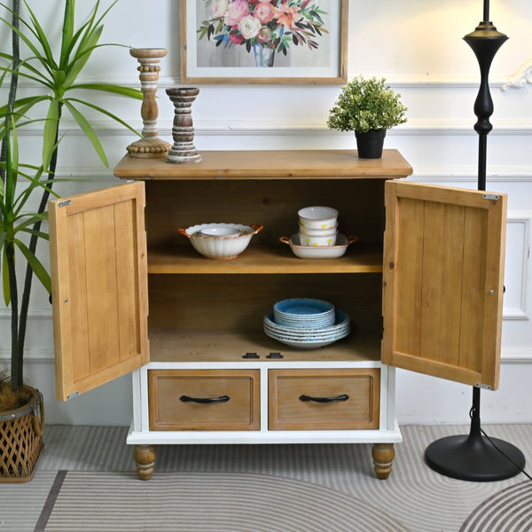 English Elm 31.5" Rustic Farmhouse Solid Wood Sideboard Hand Carved Floral Relief Distressed Finish W3933P484899