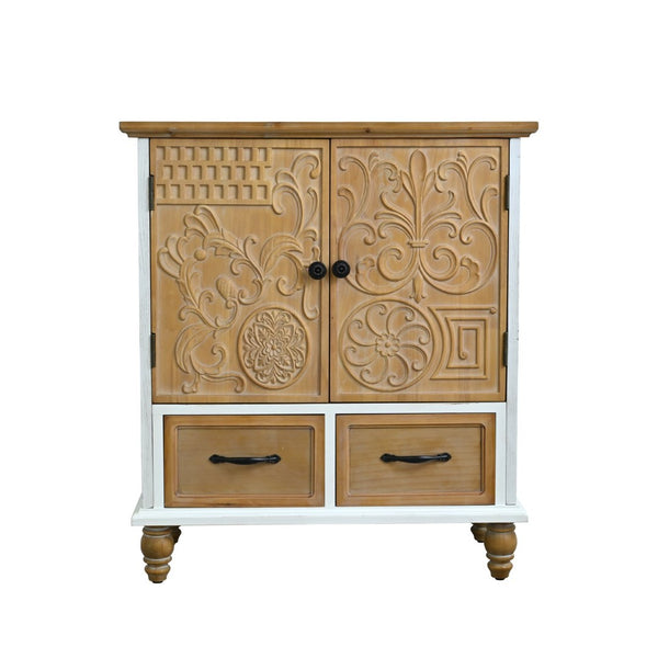 English Elm 31.5" Rustic Farmhouse Solid Wood Sideboard Hand Carved Floral Relief Distressed Finish W3933P484899