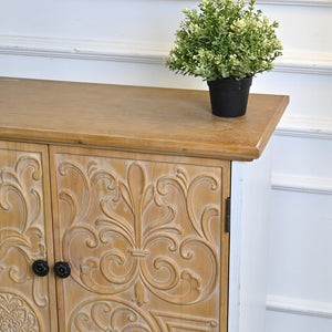 English Elm 31.5" Rustic Farmhouse Solid Wood Sideboard Hand Carved Floral Relief Distressed Finish W3933P484899