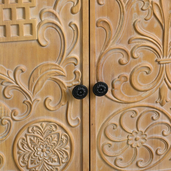 English Elm 31.5" Rustic Farmhouse Solid Wood Sideboard Hand Carved Floral Relief Distressed Finish W3933P484899