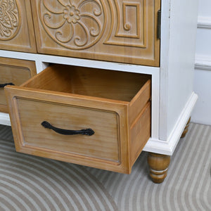 English Elm 31.5" Rustic Farmhouse Solid Wood Sideboard Hand Carved Floral Relief Distressed Finish W3933P484899