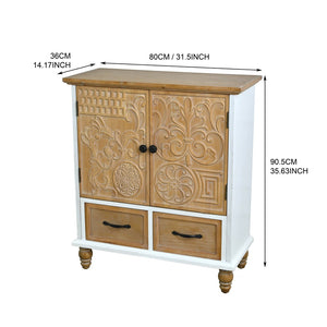 English Elm 31.5" Rustic Farmhouse Solid Wood Sideboard Hand Carved Floral Relief Distressed Finish W3933P484899