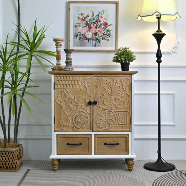 English Elm 31.5" Rustic Farmhouse Solid Wood Sideboard Hand Carved Floral Relief Distressed Finish W3933P484899