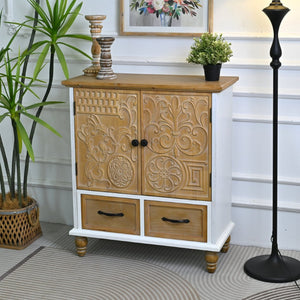 English Elm 31.5" Rustic Farmhouse Solid Wood Sideboard Hand Carved Floral Relief Distressed Finish W3933P484899