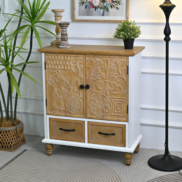 English Elm 31.5" Rustic Farmhouse Solid Wood Sideboard Hand Carved Floral Relief Distressed Finish W3933P484899