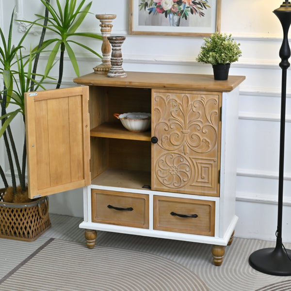 English Elm 31.5" Rustic Farmhouse Solid Wood Sideboard Hand Carved Floral Relief Distressed Finish W3933P484899
