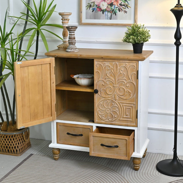English Elm 31.5" Rustic Farmhouse Solid Wood Sideboard Hand Carved Floral Relief Distressed Finish W3933P484899