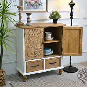 English Elm 31.5" Rustic Farmhouse Solid Wood Sideboard Hand Carved Floral Relief Distressed Finish W3933P484899