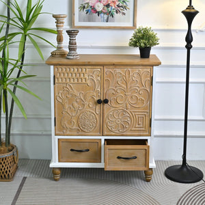 English Elm 31.5" Rustic Farmhouse Solid Wood Sideboard Hand Carved Floral Relief Distressed Finish W3933P484899