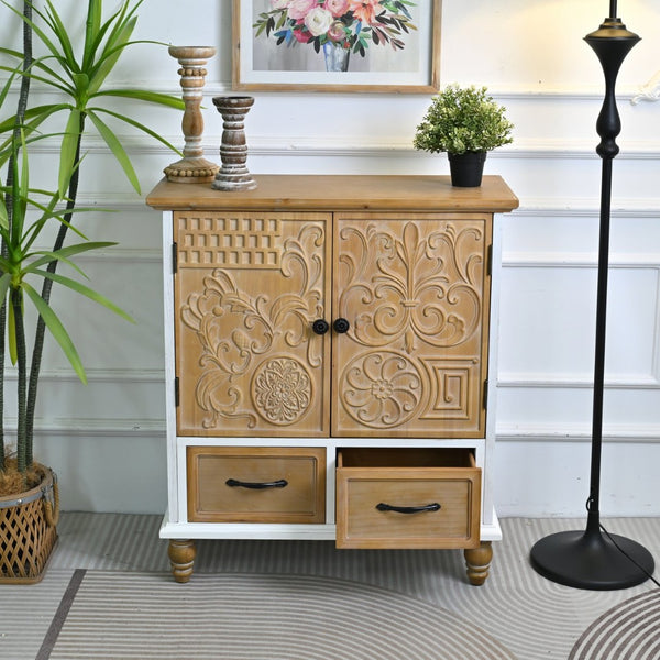 English Elm 31.5" Rustic Farmhouse Solid Wood Sideboard Hand Carved Floral Relief Distressed Finish W3933P484899