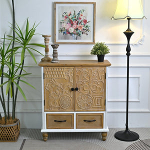 English Elm 31.5" Rustic Farmhouse Solid Wood Sideboard Hand Carved Floral Relief Distressed Finish W3933P484899