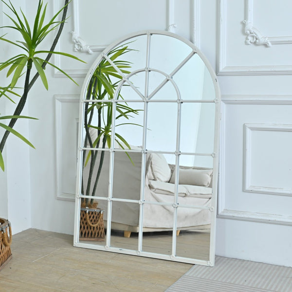 English Elm 31.89"w Arched Paned Metal Wall Mirror Distressed White Handcrafted European Style W3933P484953