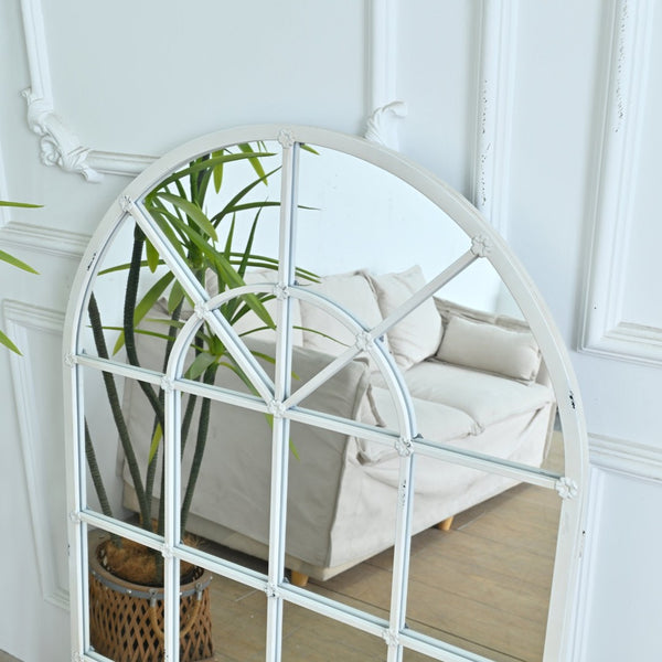 English Elm 31.89"w Arched Paned Metal Wall Mirror Distressed White Handcrafted European Style W3933P484953
