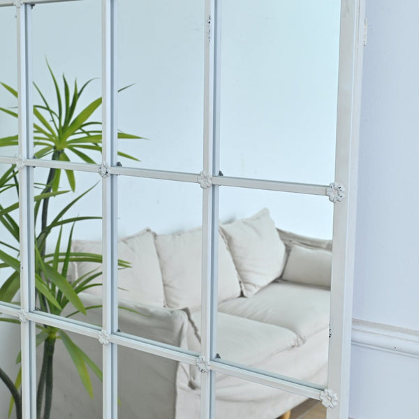 English Elm 31.89"w Arched Paned Metal Wall Mirror Distressed White Handcrafted European Style W3933P484953