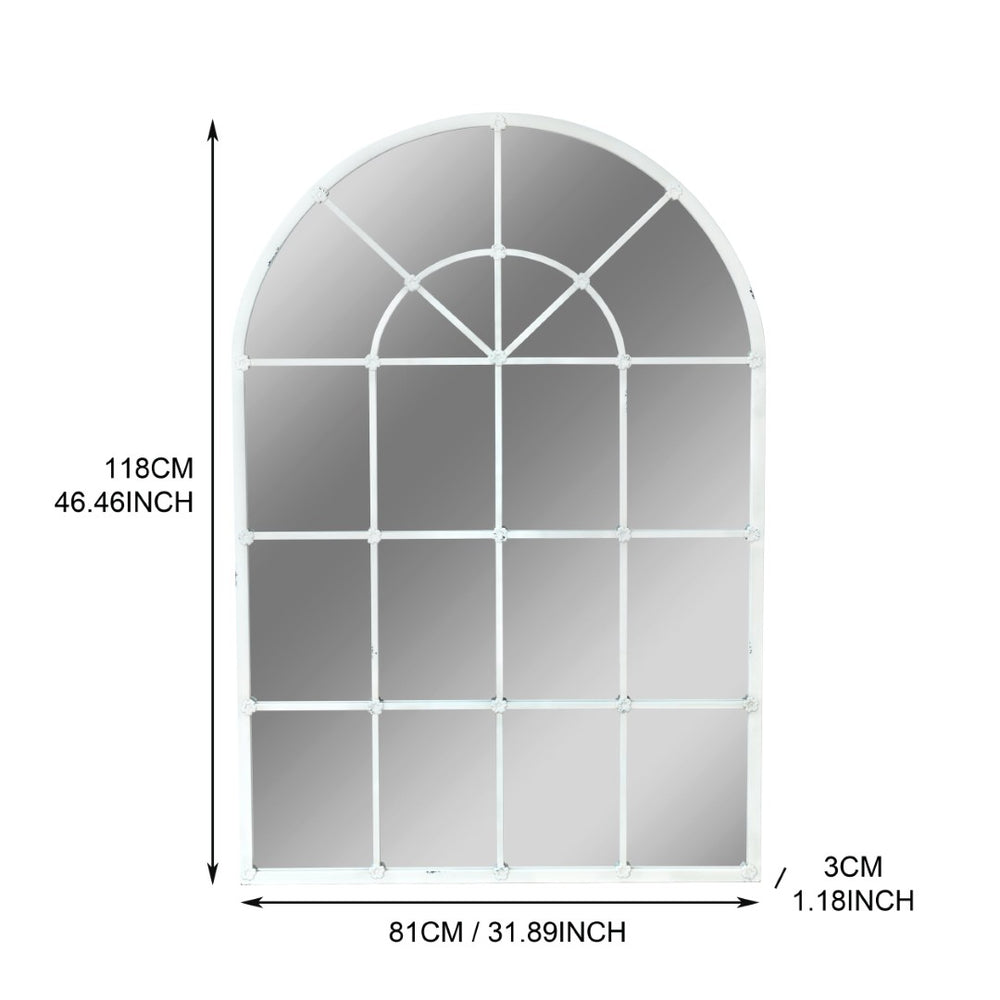 English Elm 31.89"w Arched Paned Metal Wall Mirror Distressed White Handcrafted European Style W3933P484953
