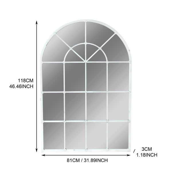 English Elm 31.89"w Arched Paned Metal Wall Mirror Distressed White Handcrafted European Style W3933P484953