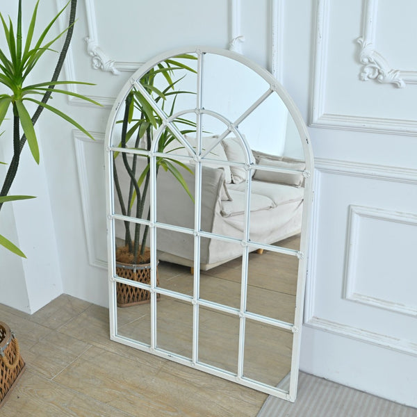 English Elm 31.89"w Arched Paned Metal Wall Mirror Distressed White Handcrafted European Style W3933P484953