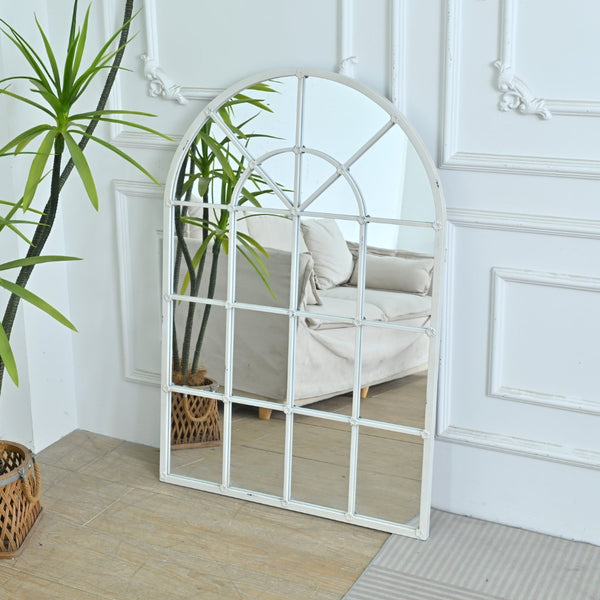 English Elm 31.89"w Arched Paned Metal Wall Mirror Distressed White Handcrafted European Style W3933P484953