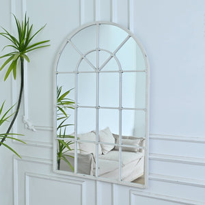 English Elm 31.89"w Arched Paned Metal Wall Mirror Distressed White Handcrafted European Style W3933P484953